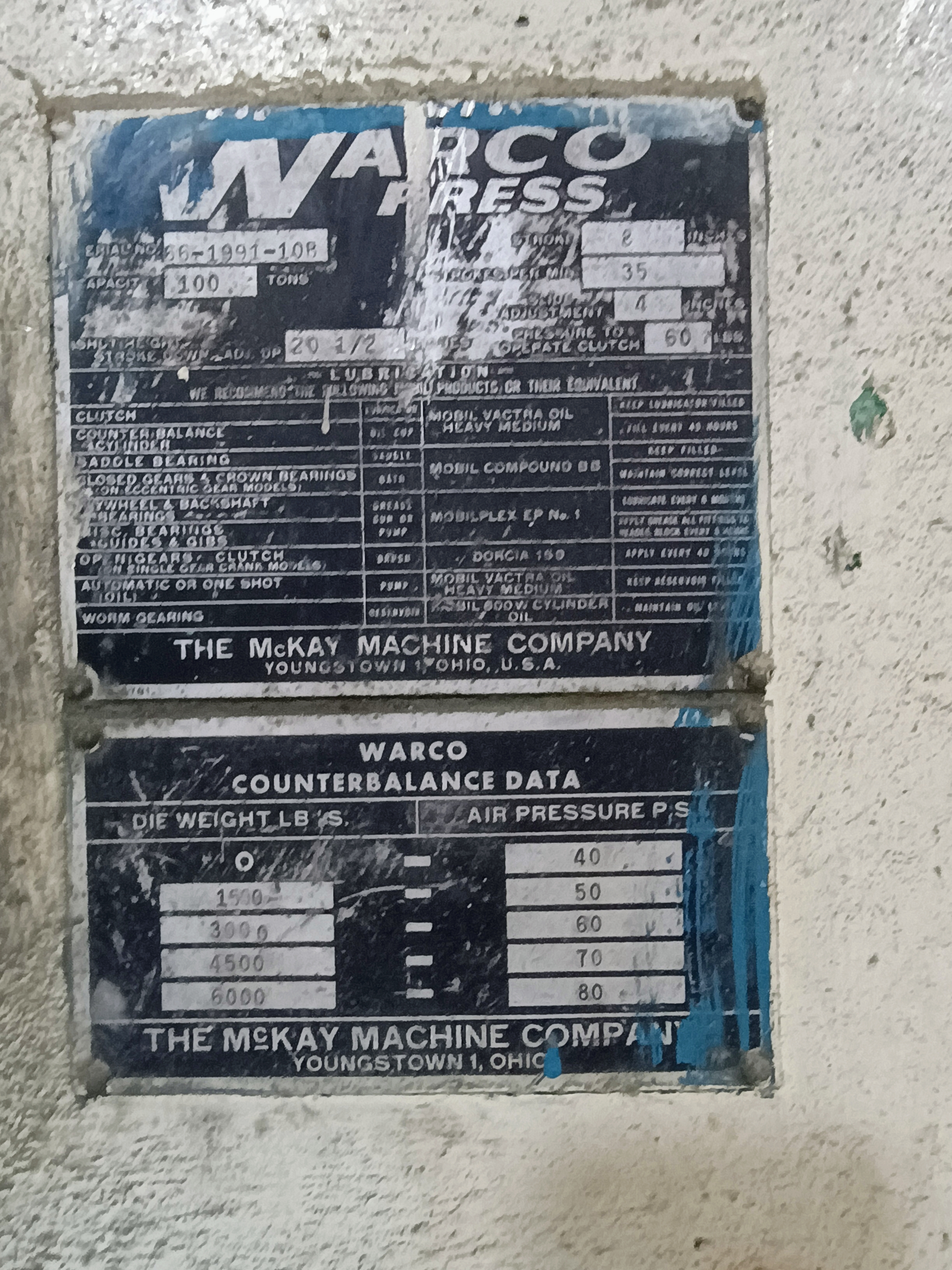 Used 100 Ton, McKay/Warco Straight side press, 42"x 72" #4281