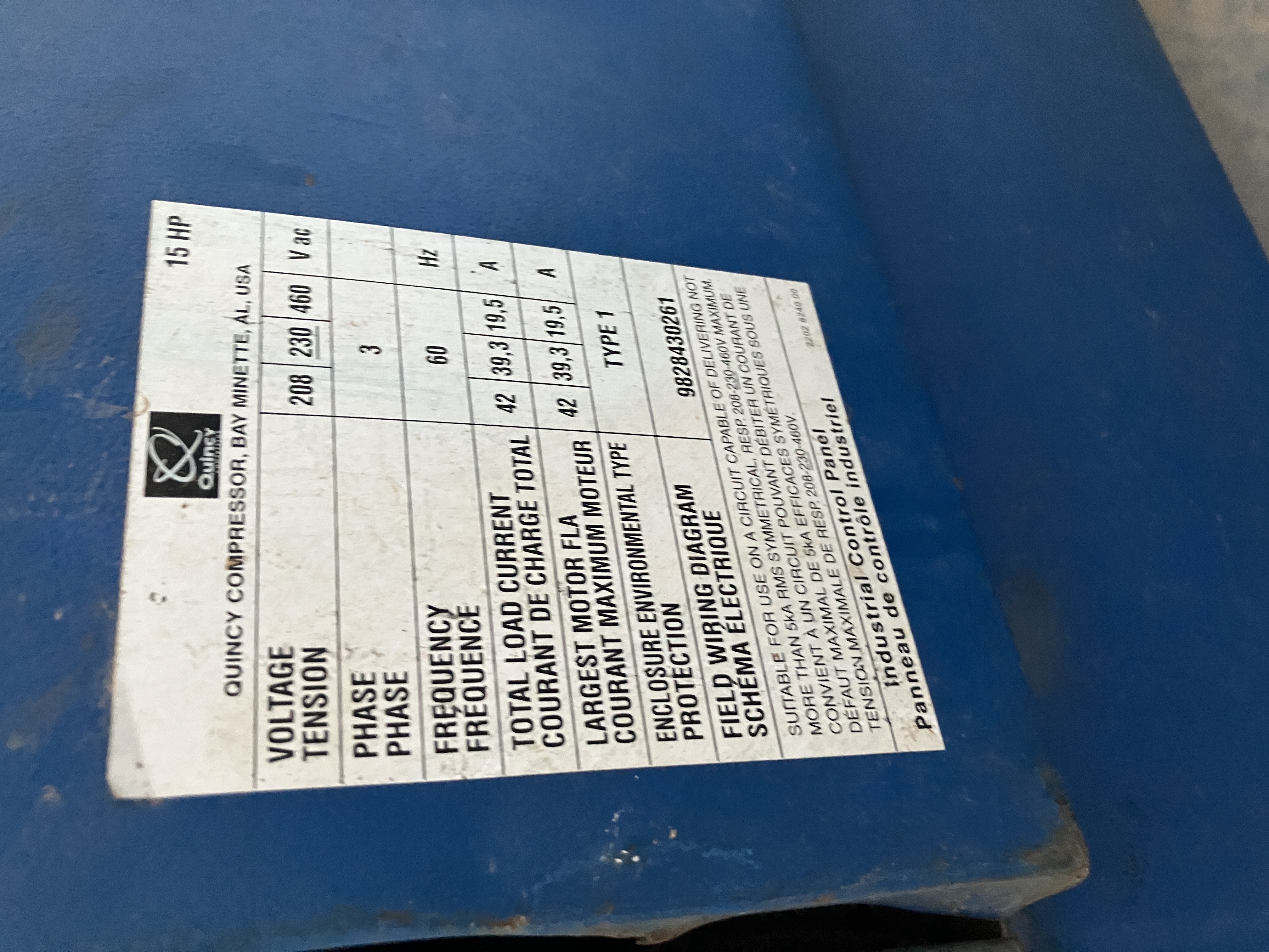 Used 15 HP Quincy Air Compressor #4213