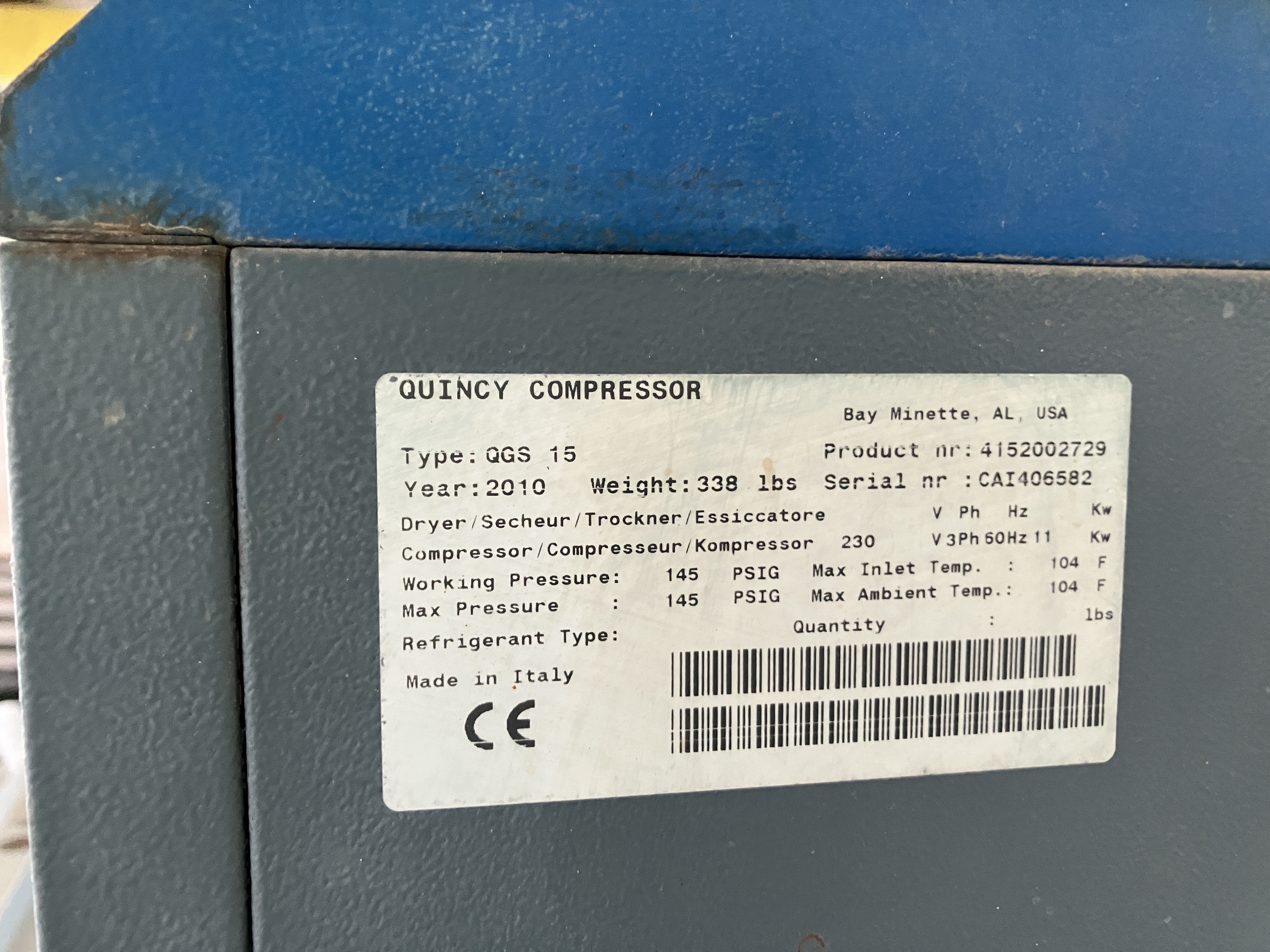 Used 15 HP Quincy Air Compressor #4213