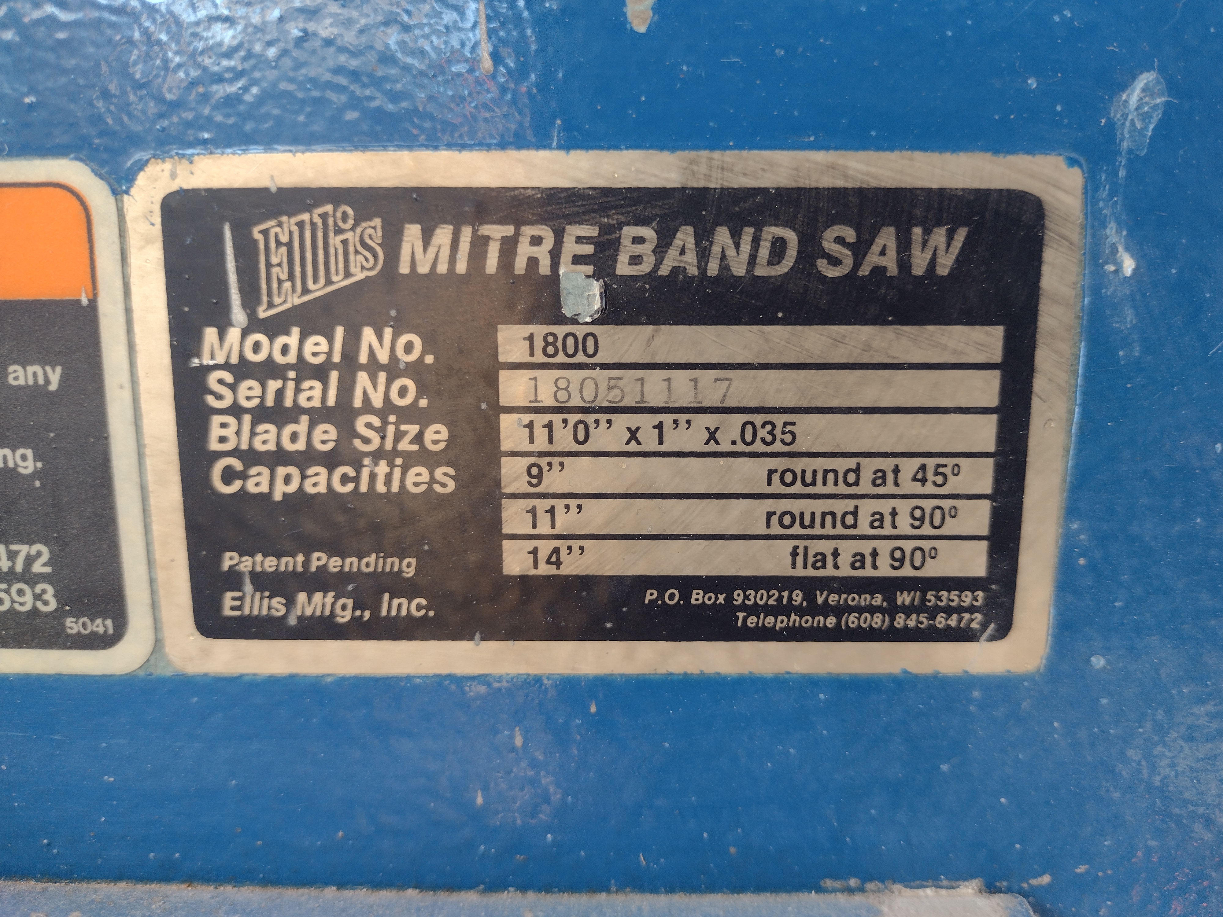Used 11" x 14" Ellis Horizontal Mitering Bandsaw, Mdl 1800 #4167