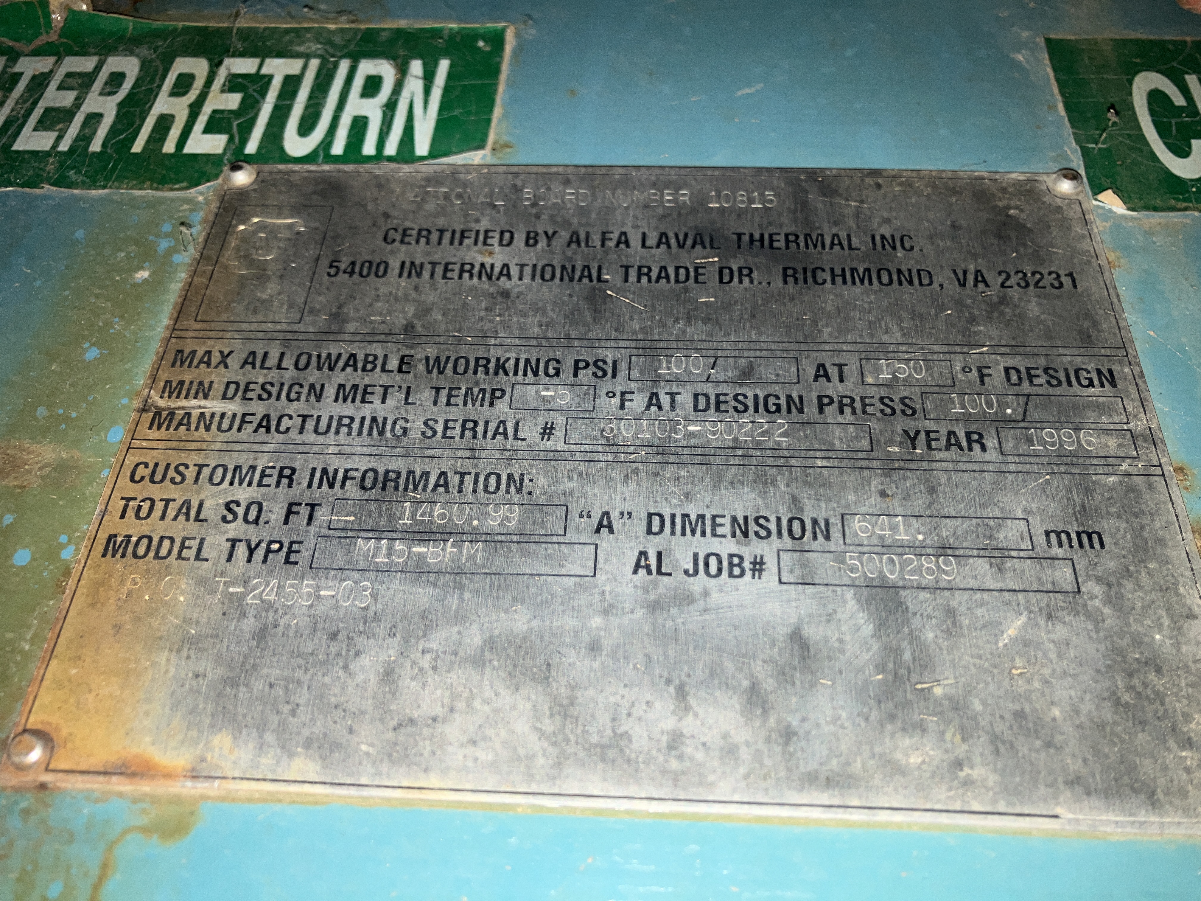 Used 1460.99 Sqft Alfa-Laval Model M15 Plate Heat Exchanger