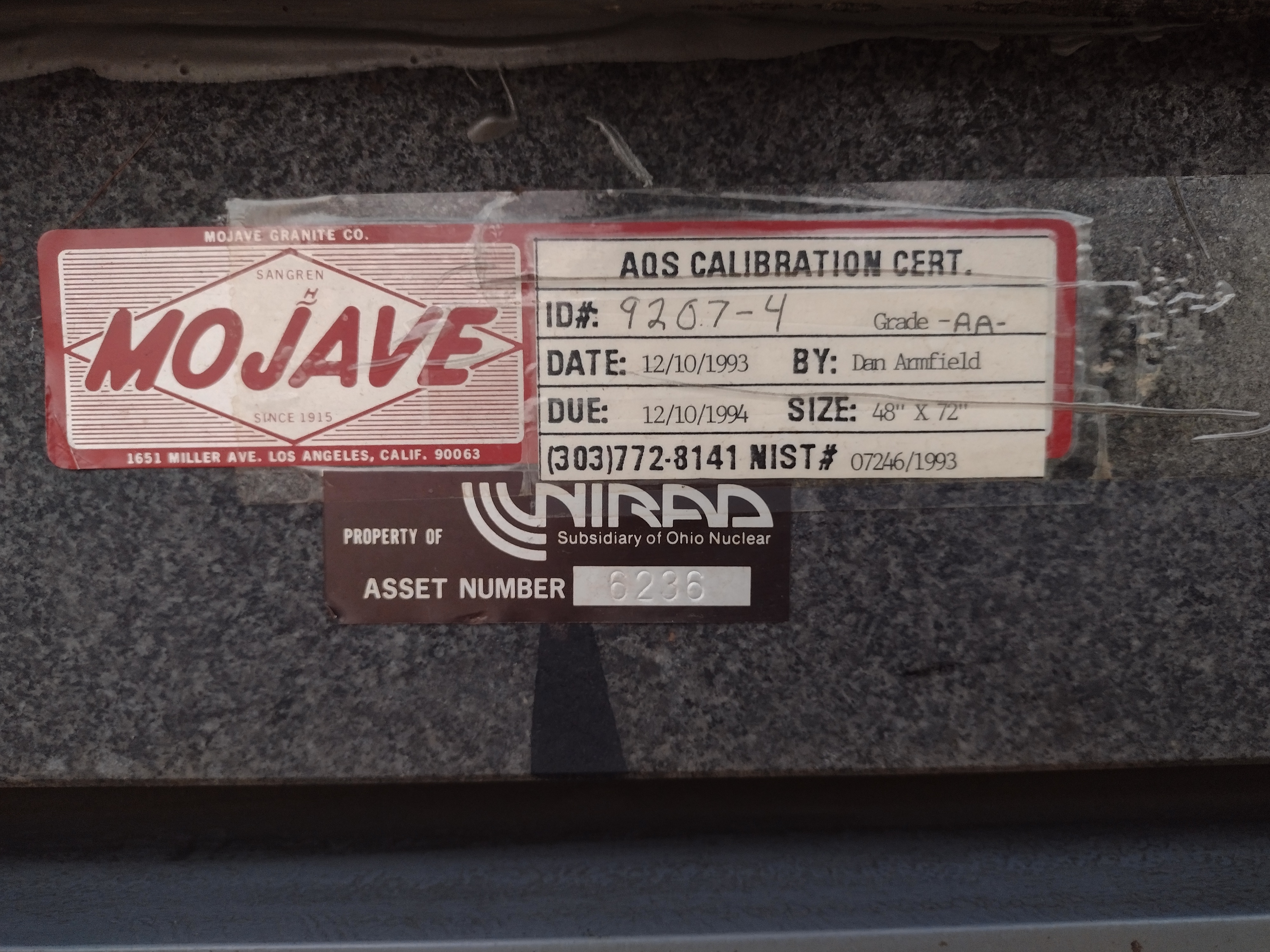 Used 48" x 72" x 10" Mojave Granite Surface Plate #4189