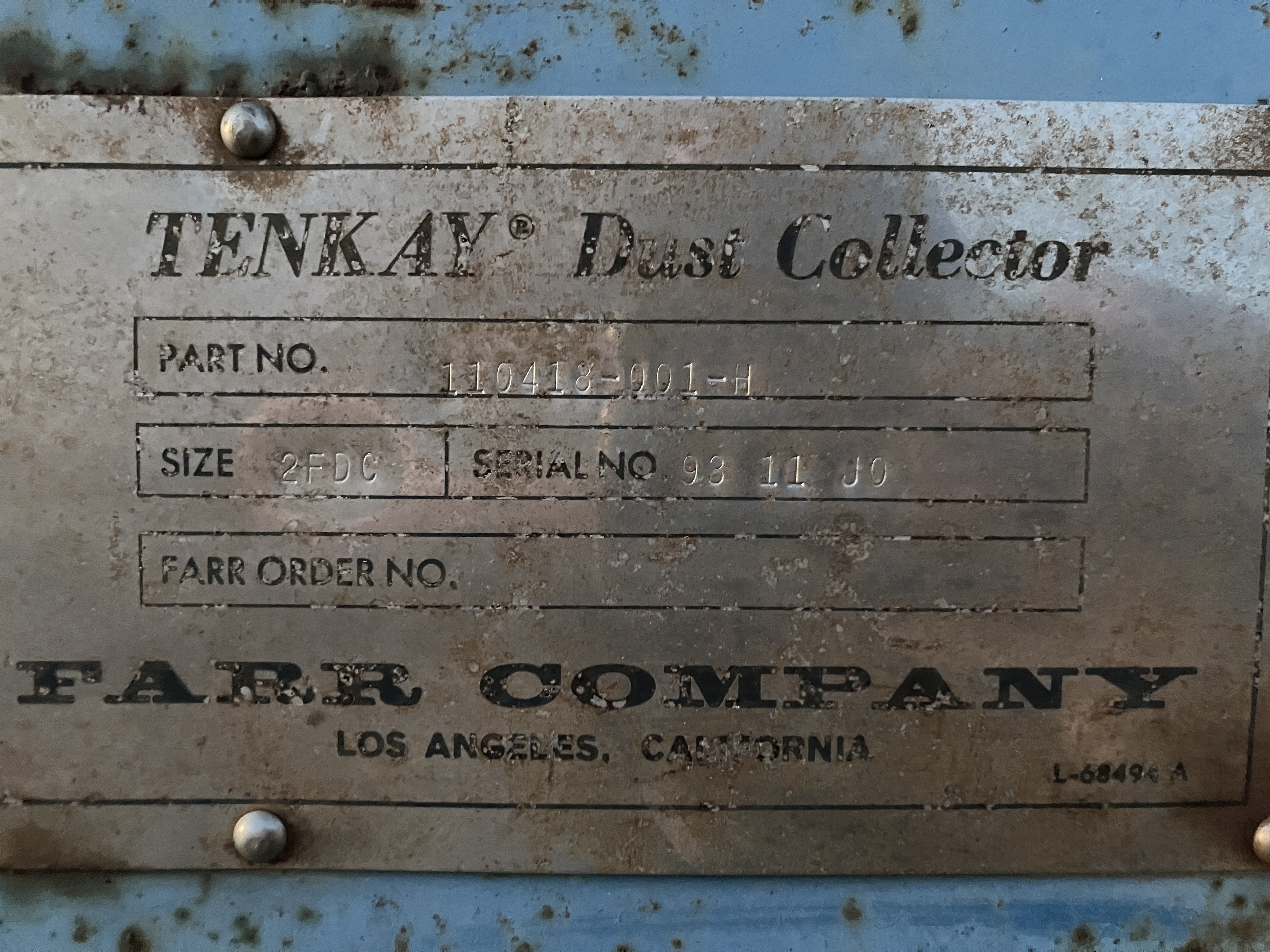 Used TENKAY FARR DUST COLLECTOR COLLECTION FILTER SYSTEM Model 2FDC