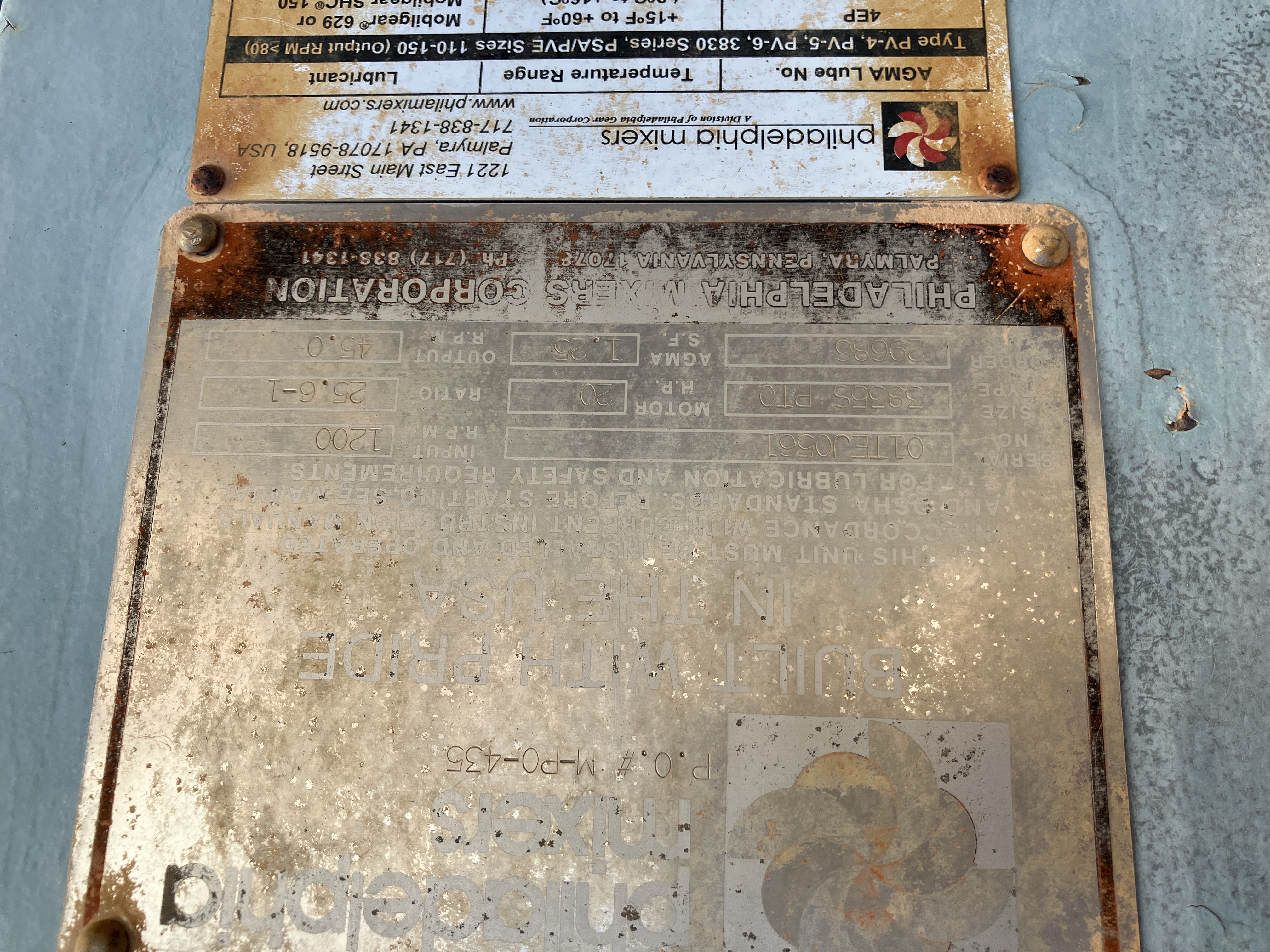 Used 20 H.P. Philadelphia Mixer/Gear Drive  3835S-PTO #4204