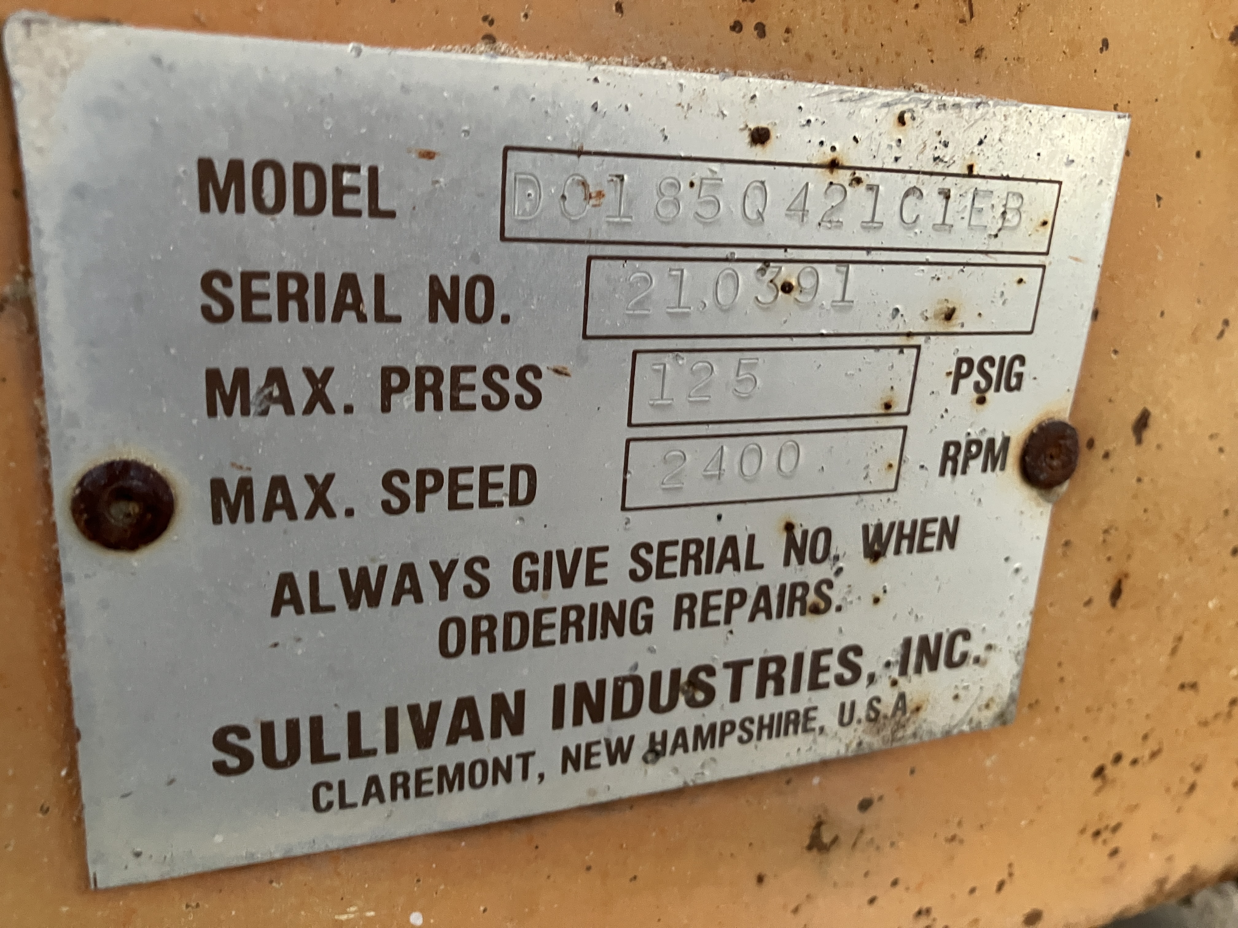 Used Sullivan D0185 Diesel Air Compressor #4270
