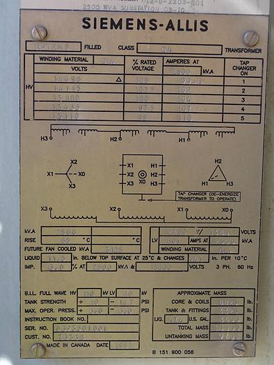 Used 1,500 KVA 13,000V SIEMENS-ALLIS SUBSTATION 480Y/277 VOLTS CU WINDING