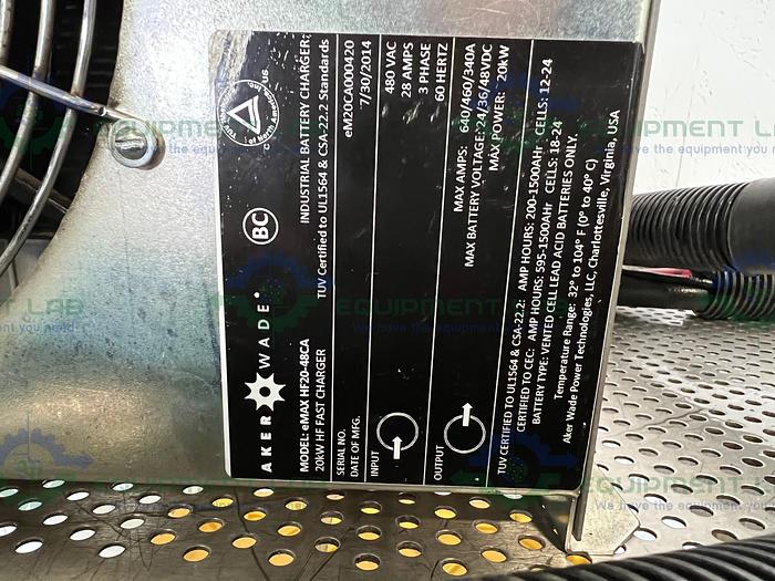 Used Aker Wade  eMAX HF20-48CA Battery Charger Input 480V 3PH, 20kW, 24V/ 36 V / 48V