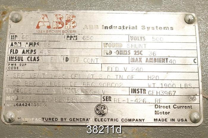 Unused Abb 60 Hp Dc Motor, 650 RPM, 500 Volt #38211