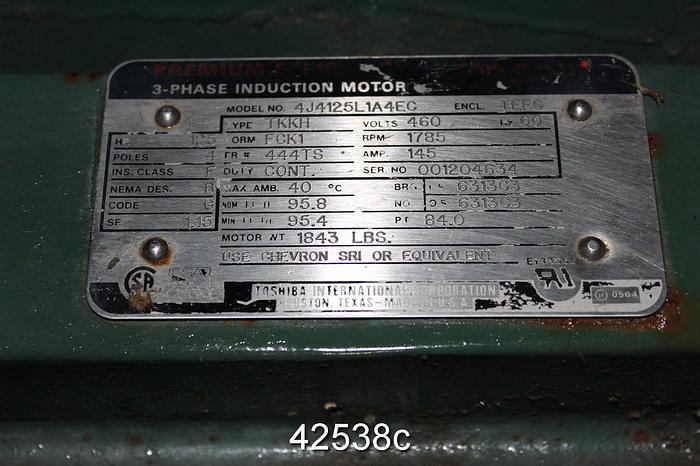 Used Toshiba B1254FLG3BSHD A/C Motor, 125 Hp, 1800 Rpm, 444TS Frame #42538