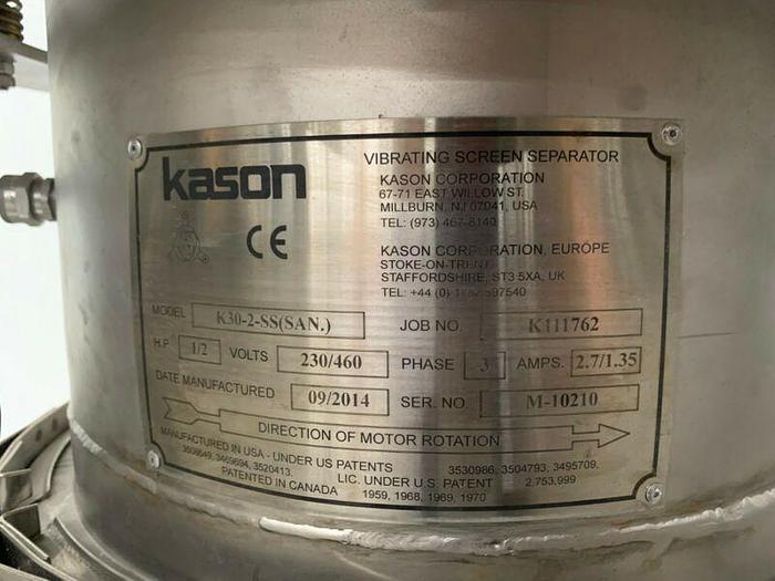 Used Kason K30-2-SS 30” Vibrating Screen Separator with Hopper & Valve 230/460V 3PH
