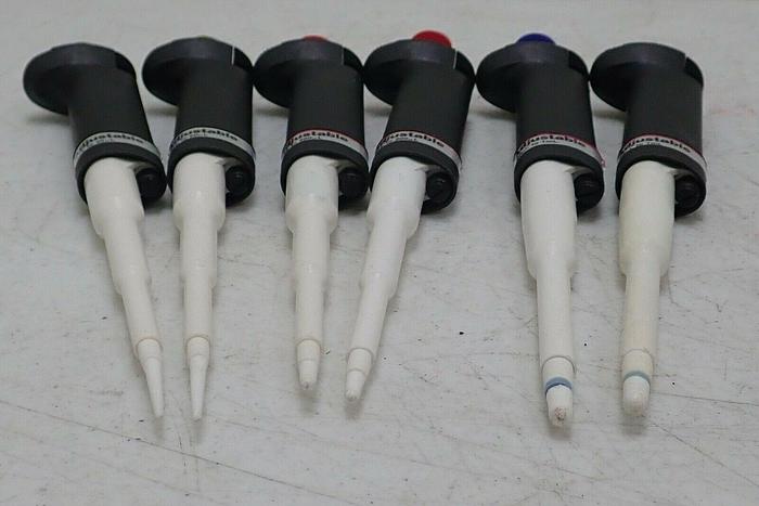 Used Lot of 6 Fisher Brand 10-50 µL, 40-200 µL, 200 µL - 1 mL Adjustable Pipettes