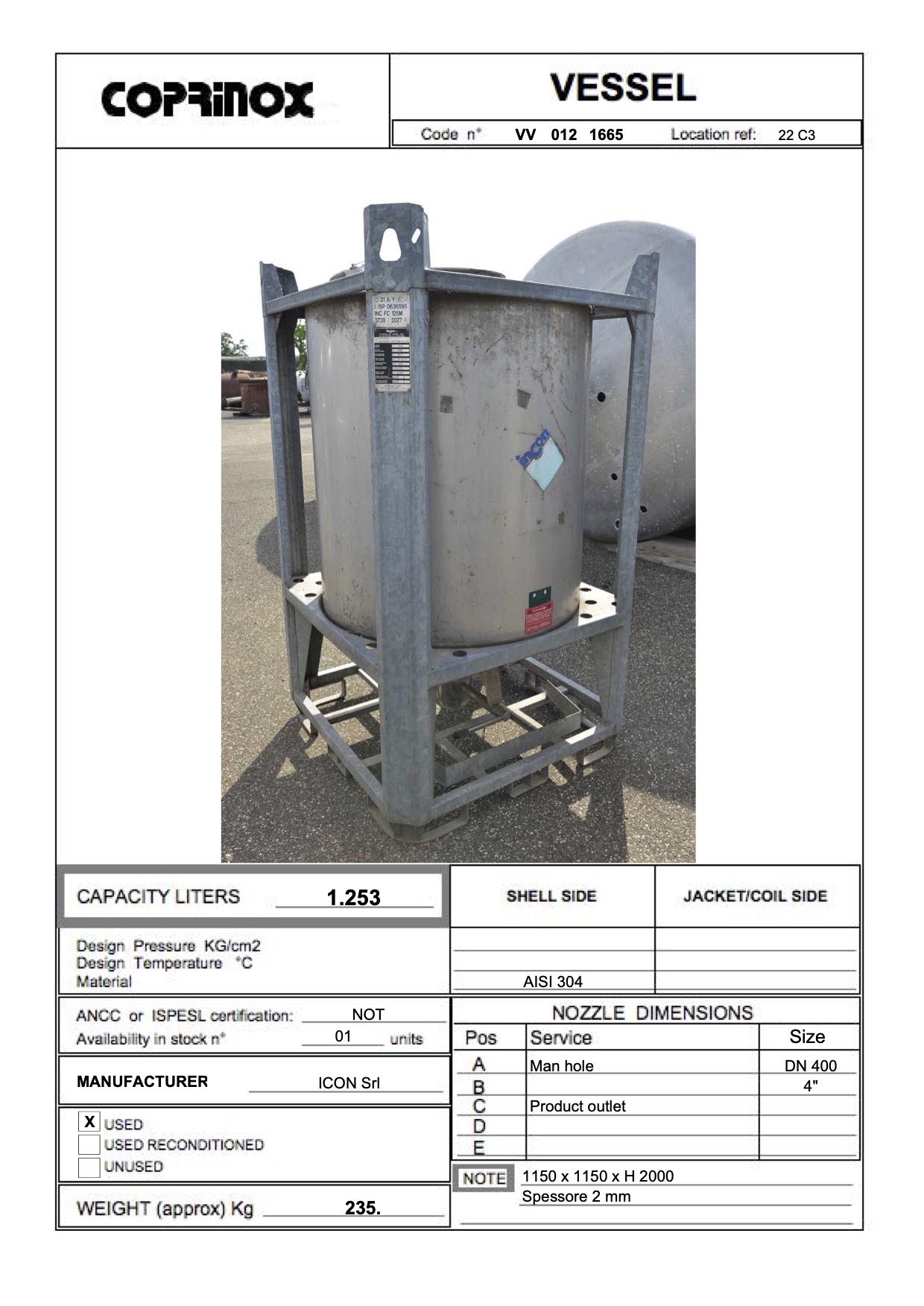Used Serbatoio palettizzato da 1253 litri in AISI 304