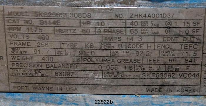 Used General Electric 5KS256SE308D8 Motor, 10 Hp, 1175 Rpm, 460 Volt, 256T Frame, 14.9 Amp, Type: Ks, 3-Phase, 60 Hz, Tefc #22922