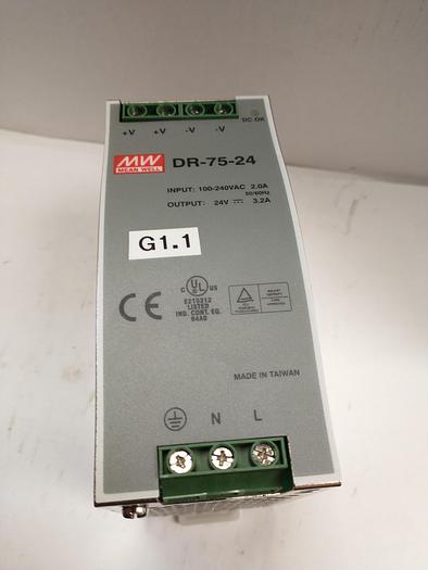 Used Mean Well DR-75-24 Din Rail Power Supply 24v @ 3.2a , 120vac input GH103