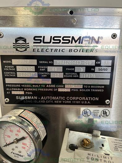 Used Sussman  MBA20 Electric Steam Boiler 20 KW 9 to 60 LB/HR Steam 240V