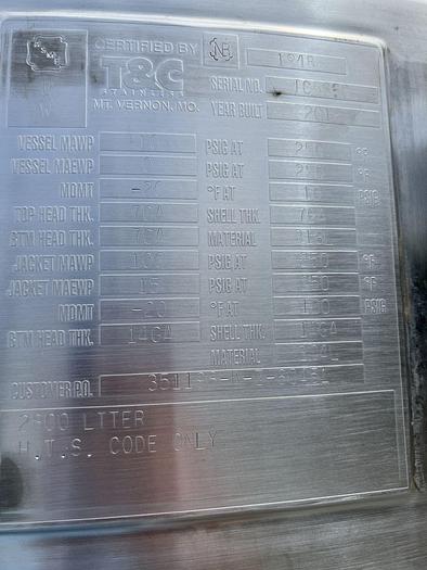 Used Tank, 740 Gallon, 316L Stainless Steel, Jacketed, Agitated, 10 PSI, T&C Stainless #L744627