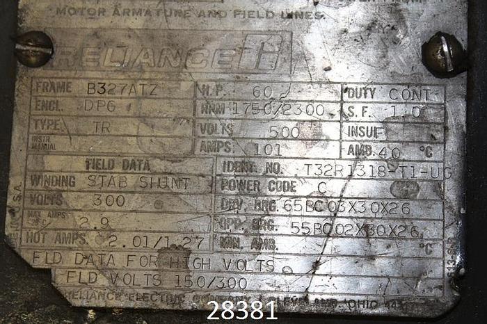 Used Reliance  Dc Motor, 60 Hp, 1750/230 #28381