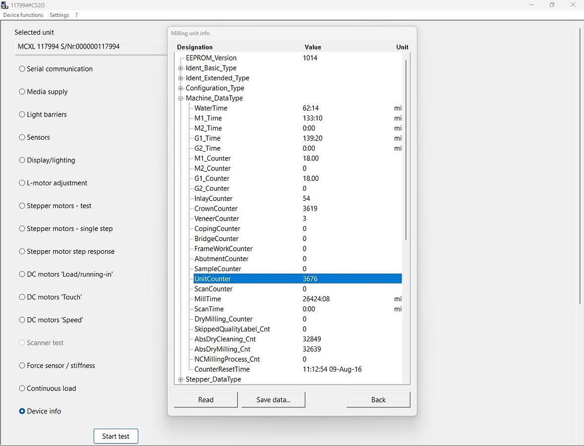 Used 2011 Sirona CEREC MC XL 2-Motor Wet Mill with 3,676 Mills (117994)