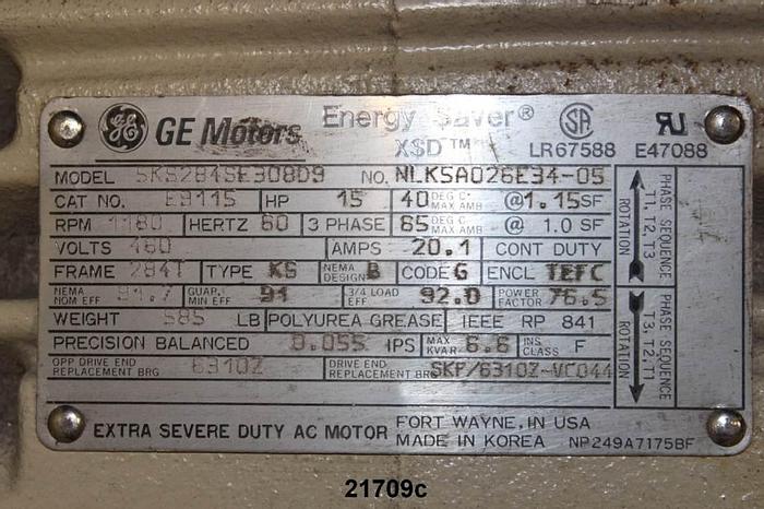 Unused General Electric  Motor, 15 Hp, 1150 Rpm, 460 Volt, 284T Frame, (Unused) #21709