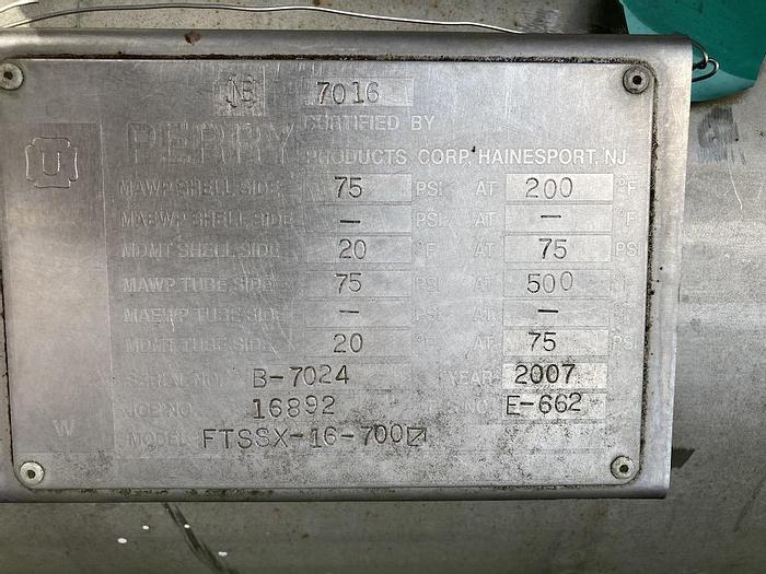 Used Used Perry 700 sq. ft. stainless steel shell and tube heat exchanger