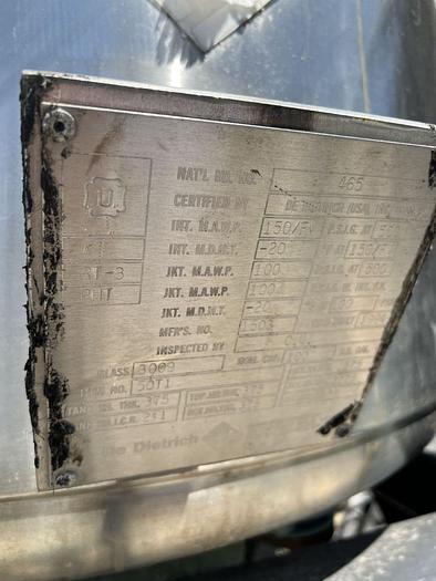 Used Reactor, 100 Gallon, Glass Lined, De Dietrich, 150 PSI, Jacketed, Agitated #S744731