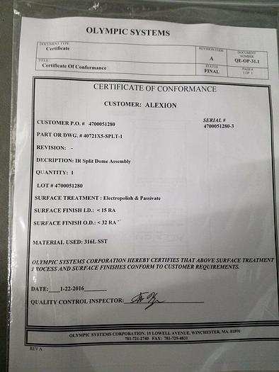 Stainless Steel IR Split Dome Assembly Medical Pharmaceutical