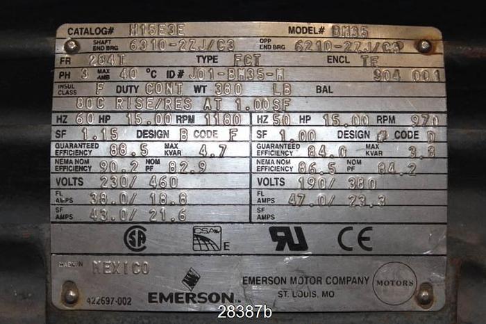 Used Emerson Bn35 Ac Motor, 15 Hp, 1180 Rpm #28387