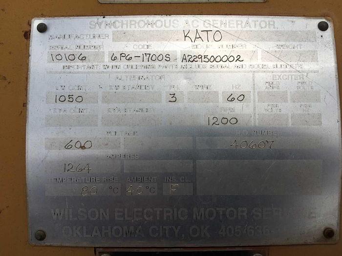 Used Kato 1050kW 1200 RPM 600 Volt Double Bearing Synchronous AC Generator End