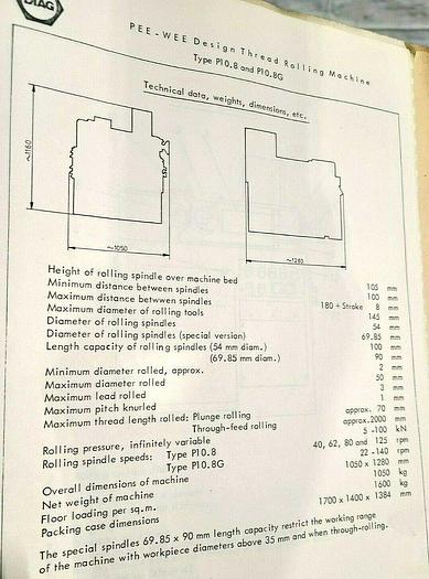 Used Diag Werner Pee Wee P10.8 Thread Rolling Machine Knurling Roller German Machine