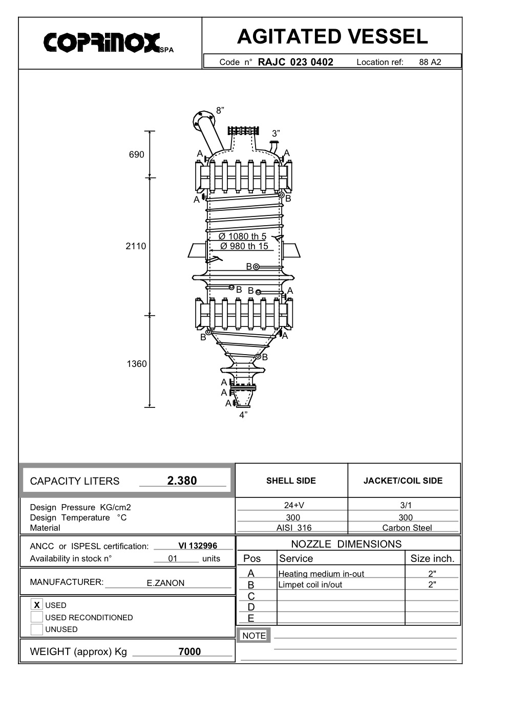 Used E.ZANON 2380 Liters reactor