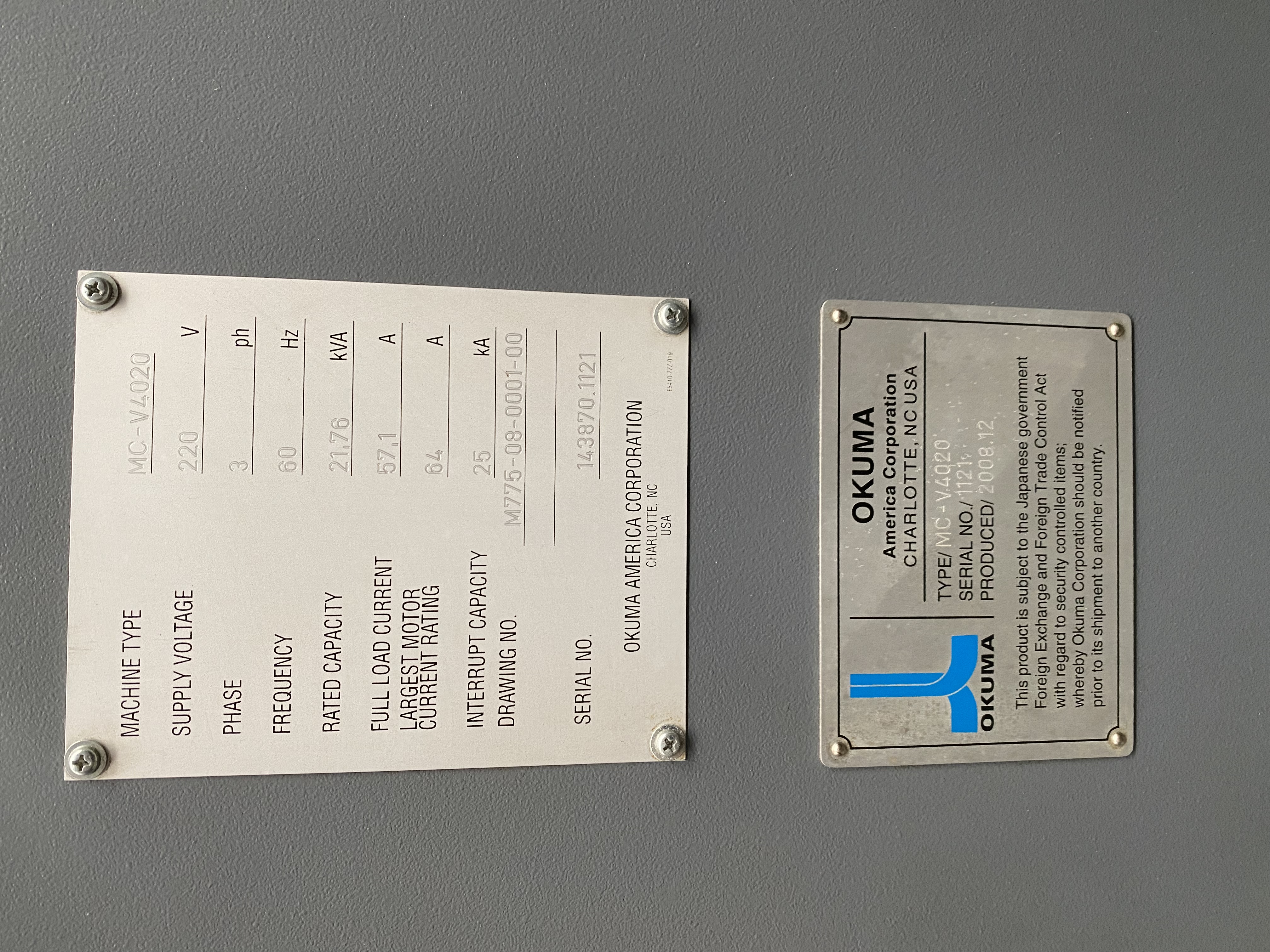 Used 2008 Okuma MCV-4020 Mill W/2014 TSUDAKOMA RB-250R 4TH AXIS Set up with 200 psi Thru Hole Collant Unit