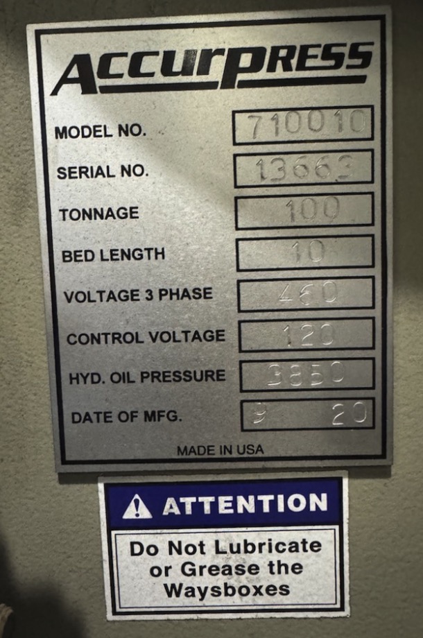 Used 2020 Accurpresss 710010 - 100 Ton X 10' Hydraulic Press Brake w/ Back Gauge