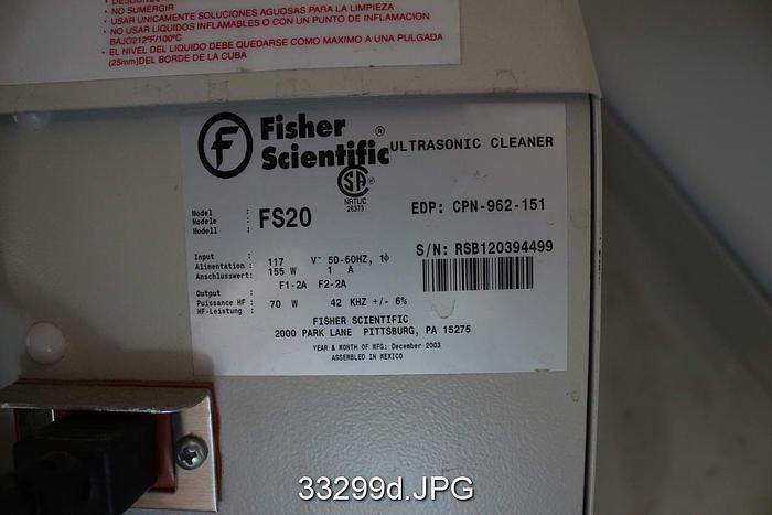Used Fisher Scientific FS20 Ultrasonic Cleaner #33299