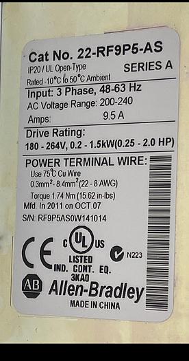 Used Allen-Bradley 22A-B4P5N104 Ser A 22-RF9P5-AS Ser A 