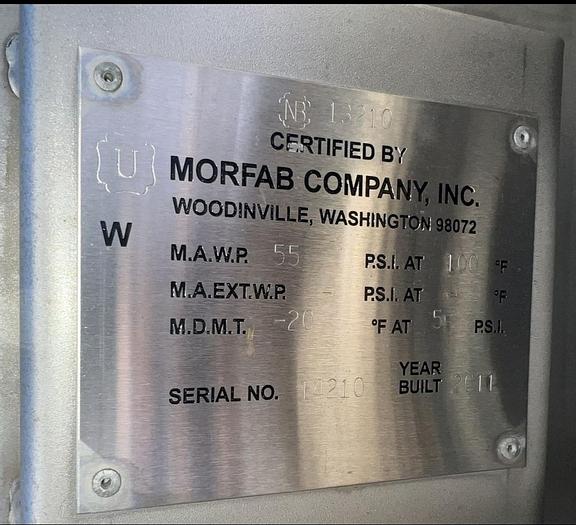 Used Tank, 950 Gallon, S/st, 55 PSI, DT/DB, Morfab, ASME #S744618