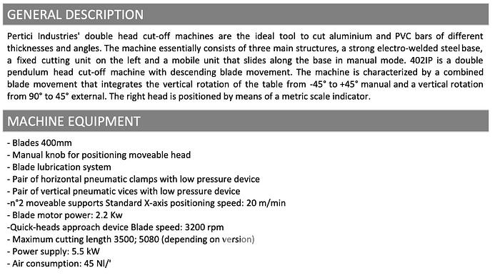 Used Pertici 402IP Double Head Cut Off Saw