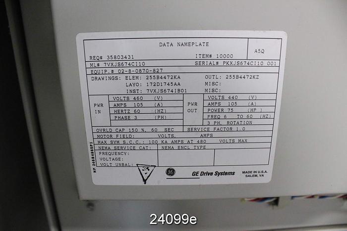 Used General Electric AC300 75 Hp Variable Frequency Drive, ML#7VXJSG674CI10, Input 460V #24099