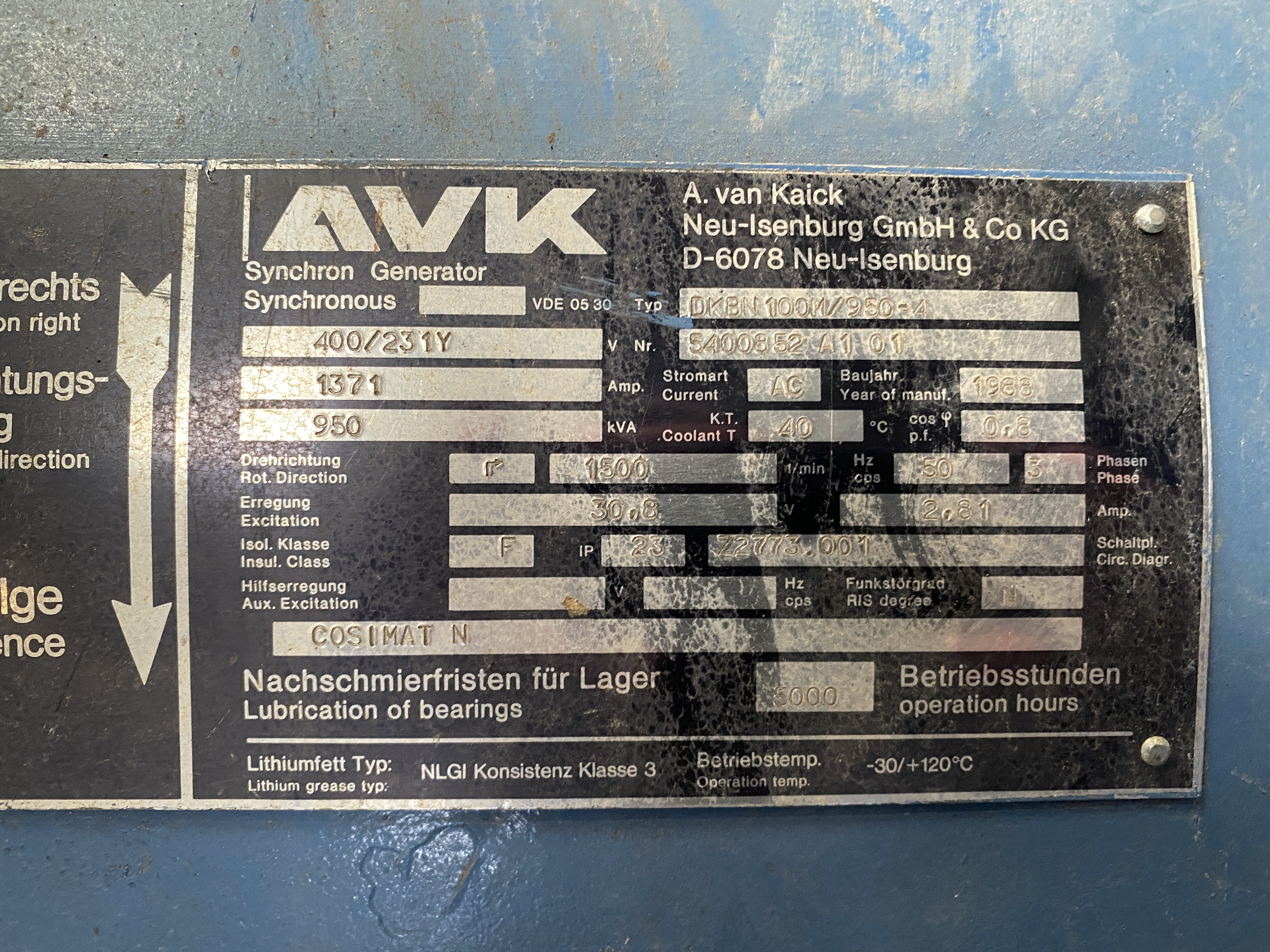 Used MTU 8V-396TC33/34 / A.VAN KAICK 950 KVA  GEN.SET