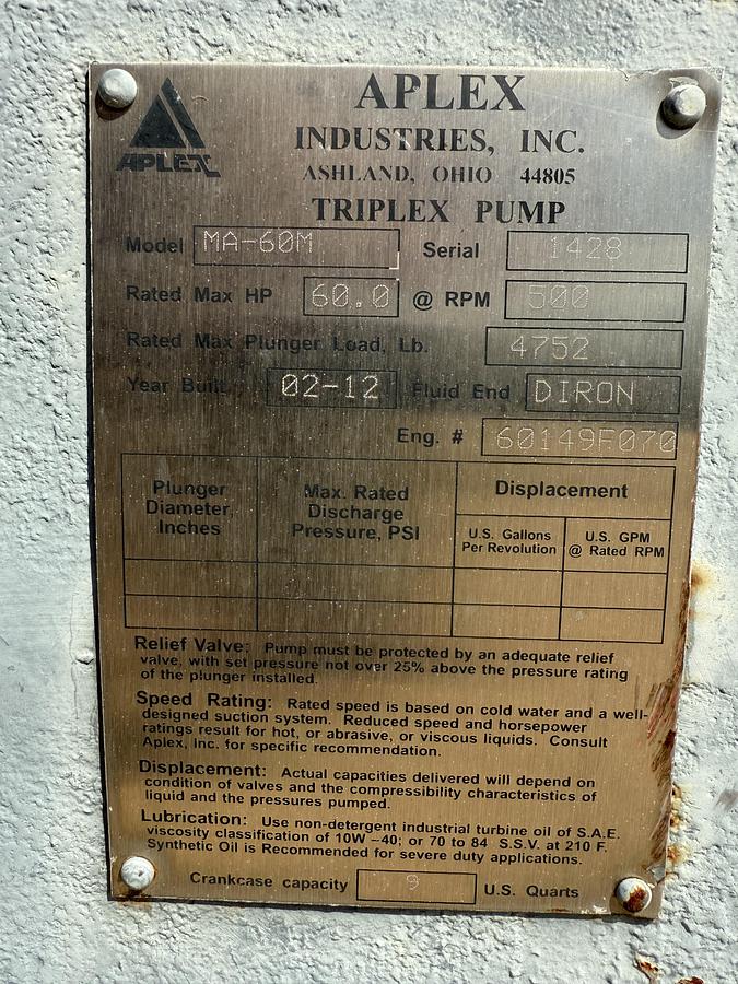 Used Aplex MA-60PE/60H Triplex Plunger Pump