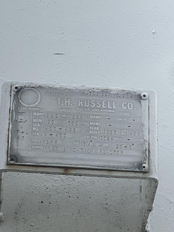 Used 1990 TH Russell CO Isomerization Reactor