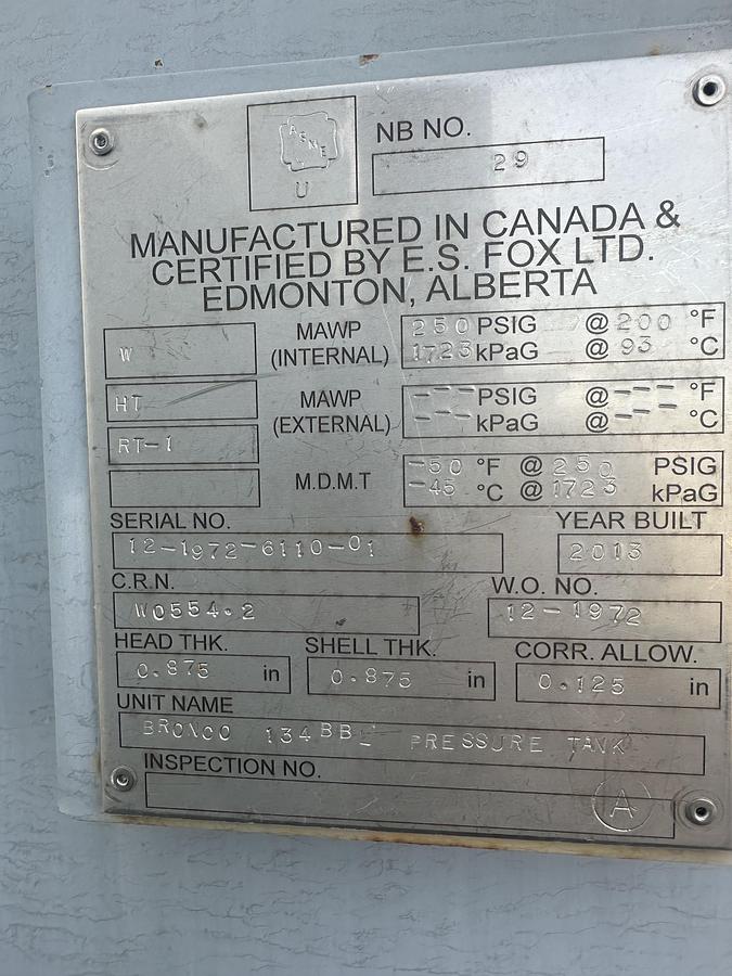 Used 2013 E.S.FOX LTD BRONCO 134 BBL PRESSURE TANK