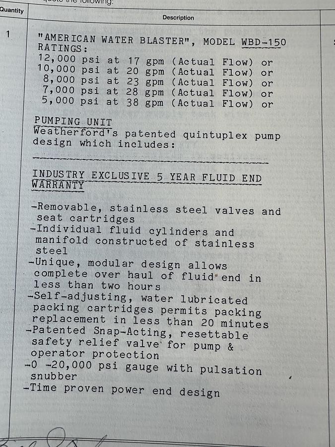 Used 1989 WEATHERFORD WBT 150 High pressure water pump