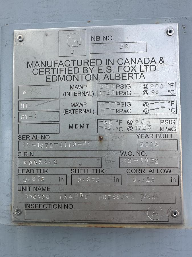 Used 2013 E.S FOX BRONCO 134 BBL PRESSURE TANK