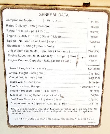 Used Ingersoll Rand 185 Air Compressor