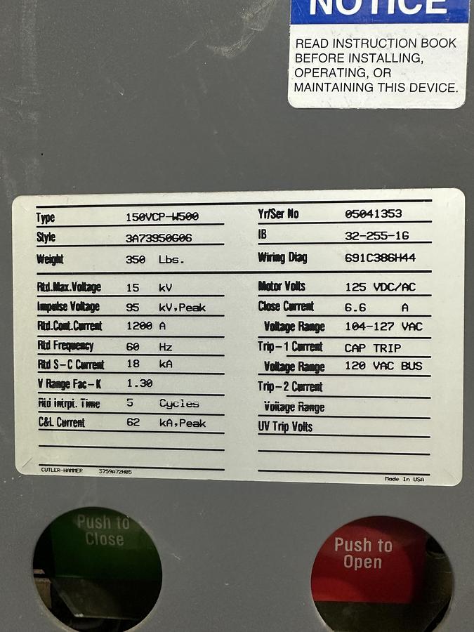Used 2002 Cutler-Hammer 150VCB W500