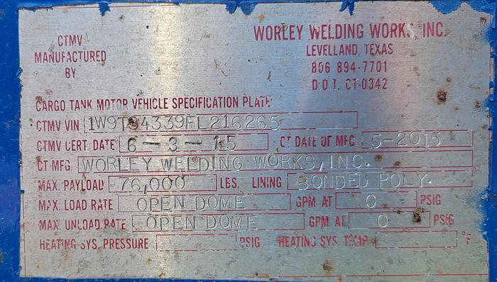 Used 2015 Worley Welding Works Chemical Transport Trailer