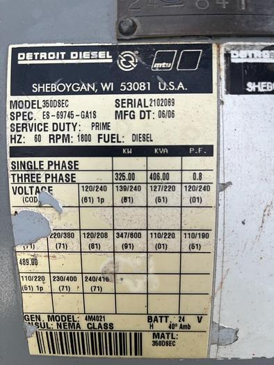 Used 2006 Detroit 325Kw Detroit S60 Generator