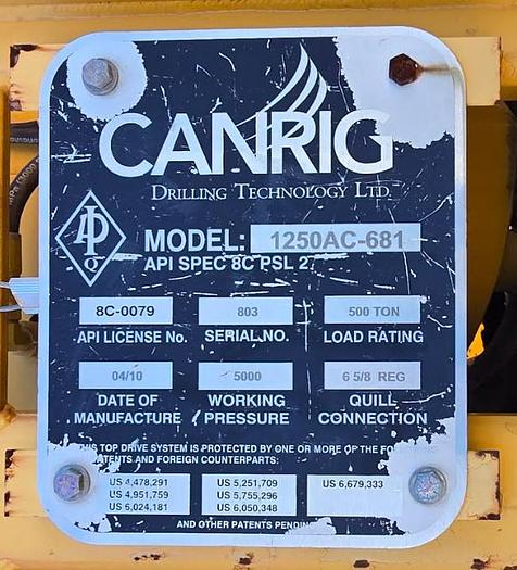 Used 2010 Canrig 1250AC-681 Top Drive with Frequency Cabinet