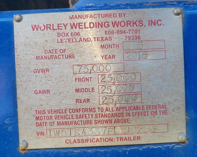 Used 2015 Worley Welding Works Chemical Transport Trailer