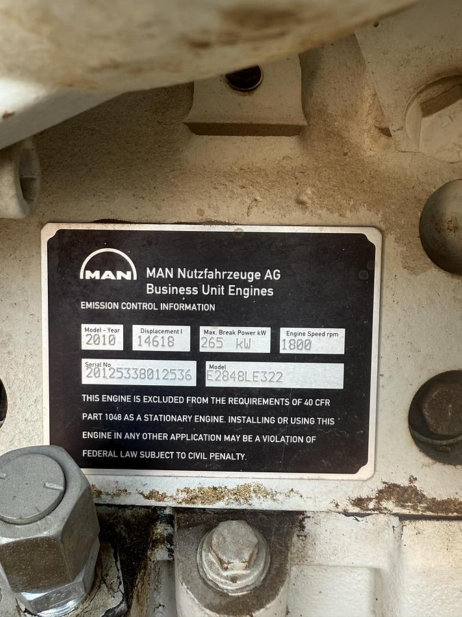 Used 2010 MAN NATURAL GAS GENERATOR 480 V MAGNAMAX 265 KW